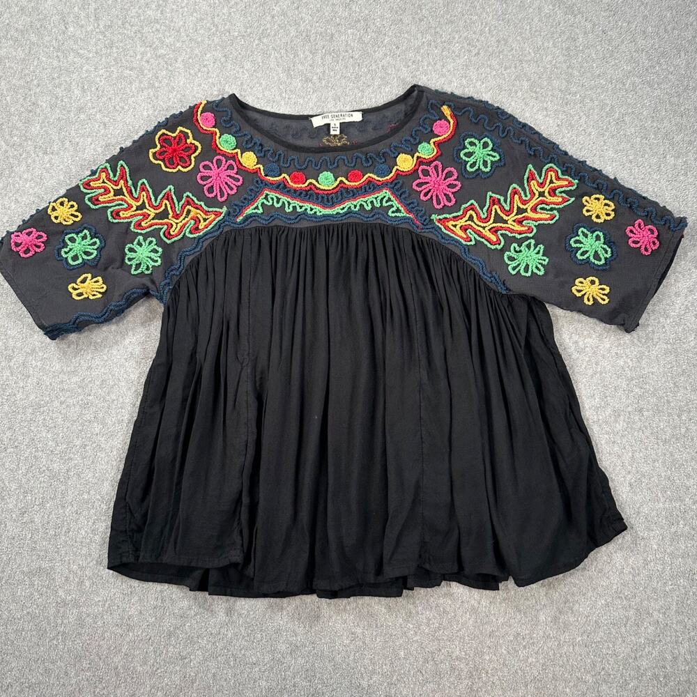 Free Generation Yarn Embroidered Babydoll Top Size Small Black Colorful Boho